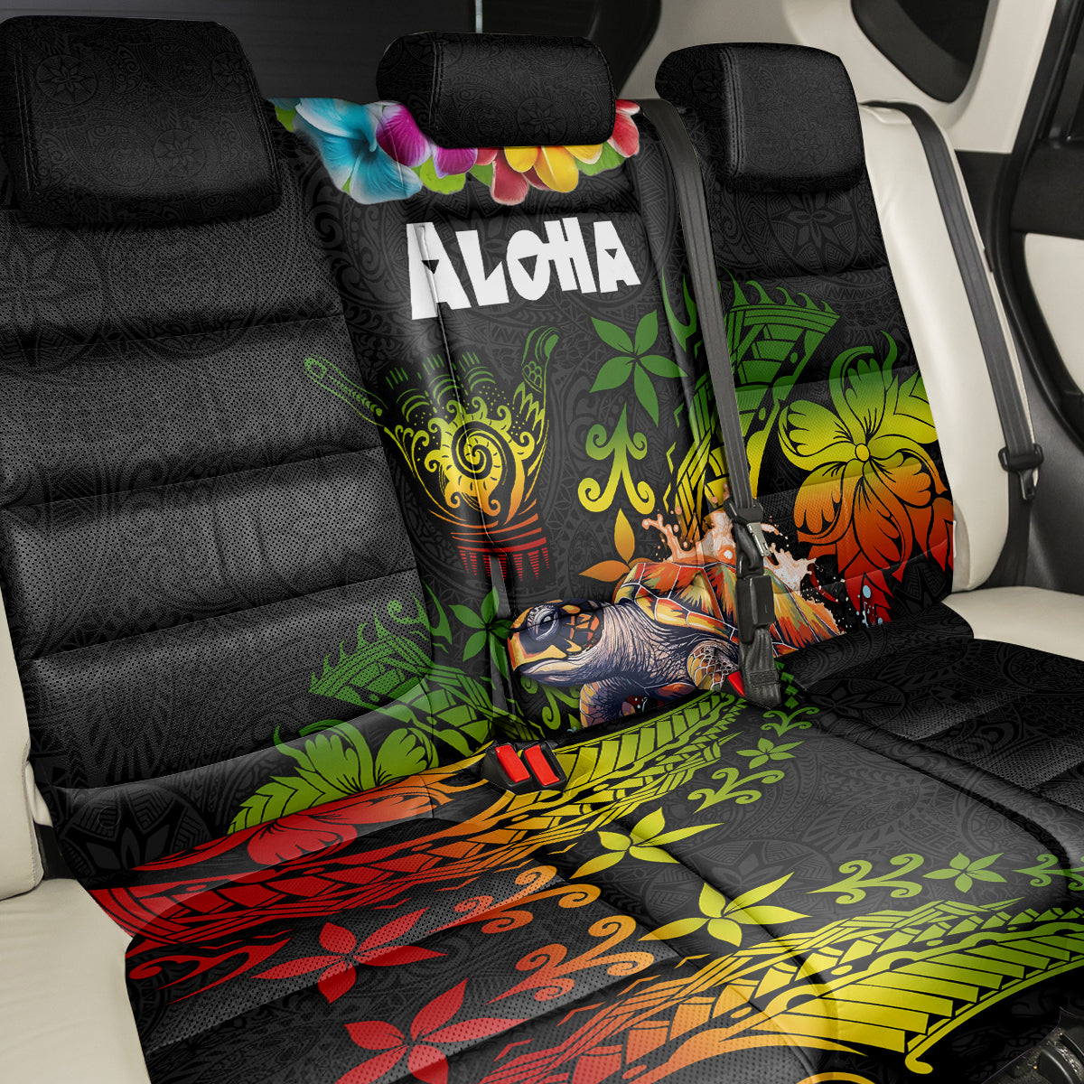 Hawaii Lei Day Back Car Seat Cover Hibiscus Wreath and Polynesian Pattern LT03 - Polynesian Pride