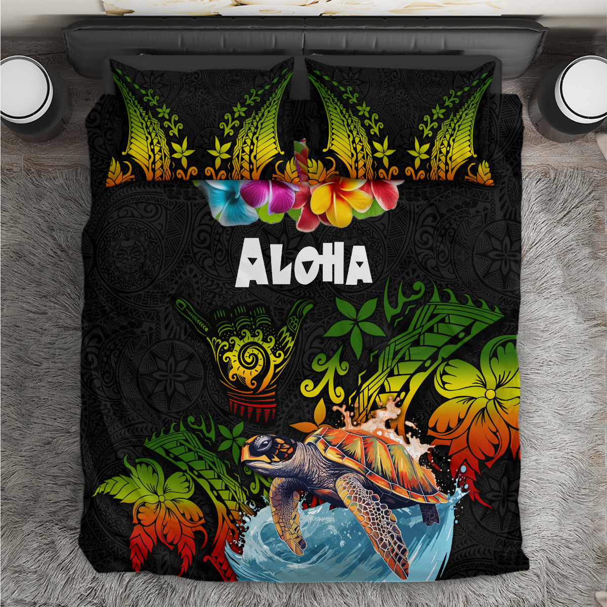 Hawaii Lei Day Bedding Set Hibiscus Wreath and Polynesian Pattern