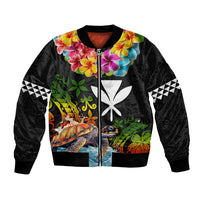 Hawaii Lei Day Bomber Jacket Hibiscus Wreath and Polynesian Pattern LT03 Unisex Black - Polynesian Pride