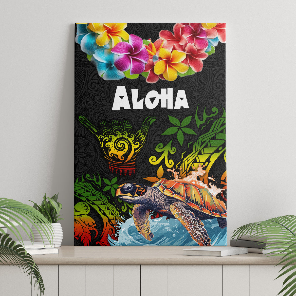 Hawaii Lei Day Canvas Wall Art Hibiscus Wreath and Polynesian Pattern LT03 - Polynesian Pride