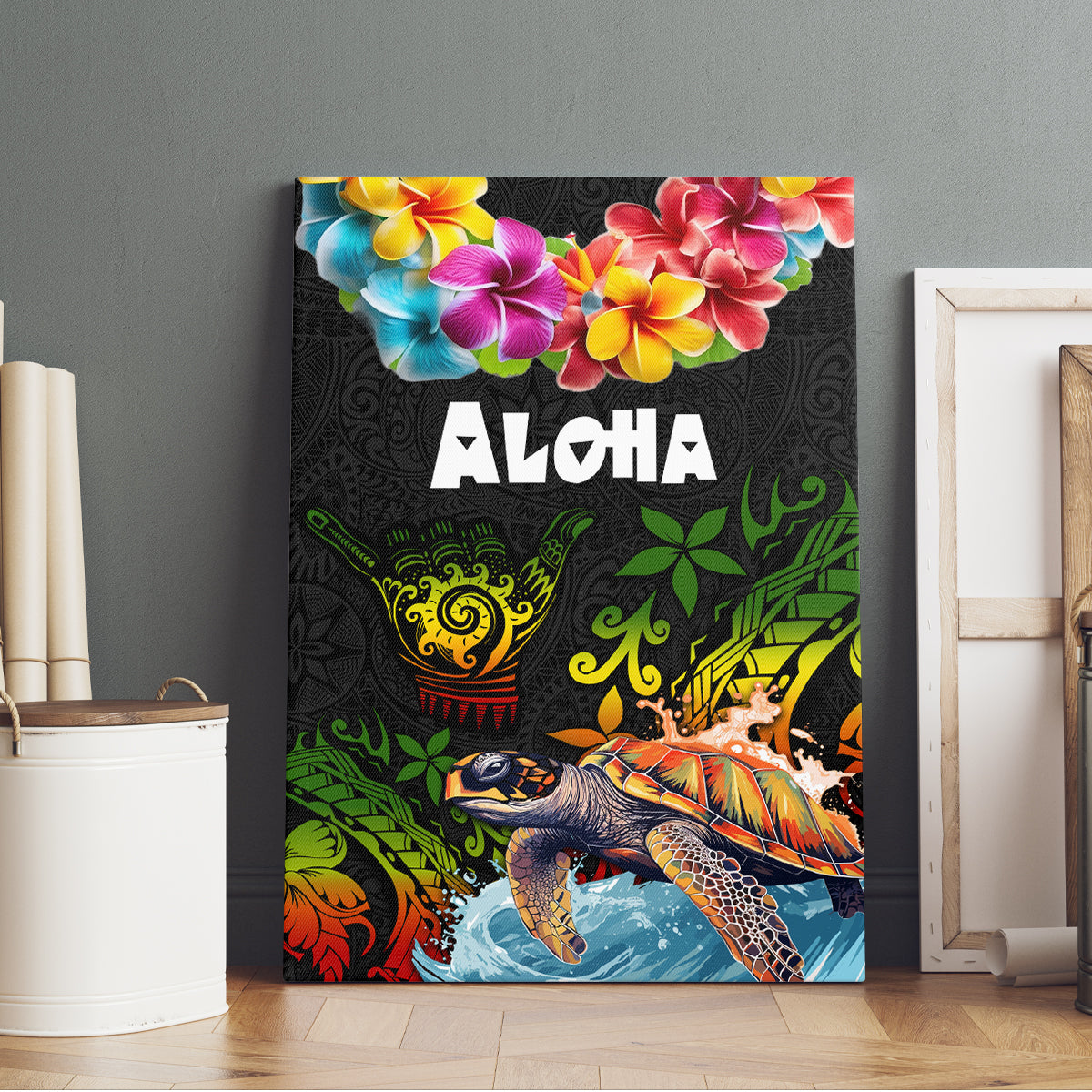 Hawaii Lei Day Canvas Wall Art Hibiscus Wreath and Polynesian Pattern LT03 - Polynesian Pride