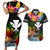 Hawaii Lei Day Couples Matching Short Sleeve Bodycon Dress and Hawaiian Shirt Hibiscus Wreath and Polynesian Pattern