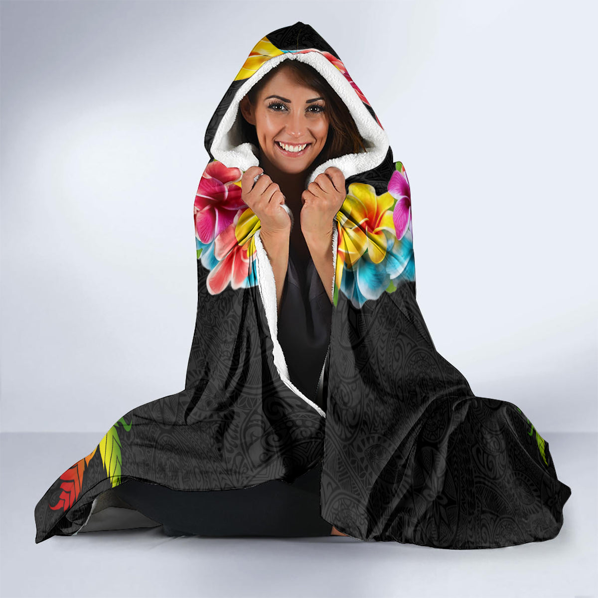 Hawaii Lei Day Hooded Blanket Hibiscus Wreath and Polynesian Pattern LT03 - Polynesian Pride