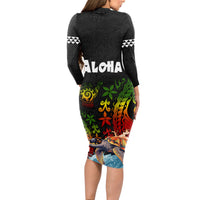 Hawaii Lei Day Long Sleeve Bodycon Dress Hibiscus Wreath and Polynesian Pattern LT03 - Polynesian Pride