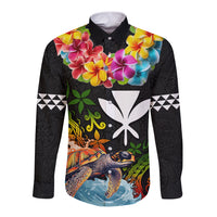 Hawaii Lei Day Long Sleeve Button Shirt Hibiscus Wreath and Polynesian Pattern LT03 Unisex Black - Polynesian Pride