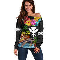 Hawaii Lei Day Off Shoulder Sweater Hibiscus Wreath and Polynesian Pattern LT03 Women Black - Polynesian Pride