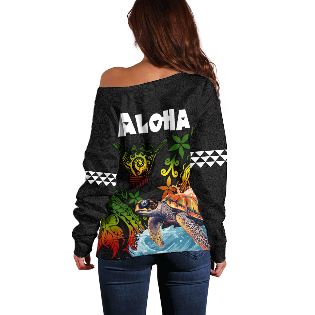 Hawaii Lei Day Off Shoulder Sweater Hibiscus Wreath and Polynesian Pattern LT03 - Polynesian Pride