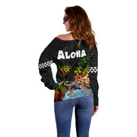 Hawaii Lei Day Off Shoulder Sweater Hibiscus Wreath and Polynesian Pattern LT03 - Polynesian Pride