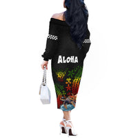 Hawaii Lei Day Off The Shoulder Long Sleeve Dress Hibiscus Wreath and Polynesian Pattern LT03 - Polynesian Pride