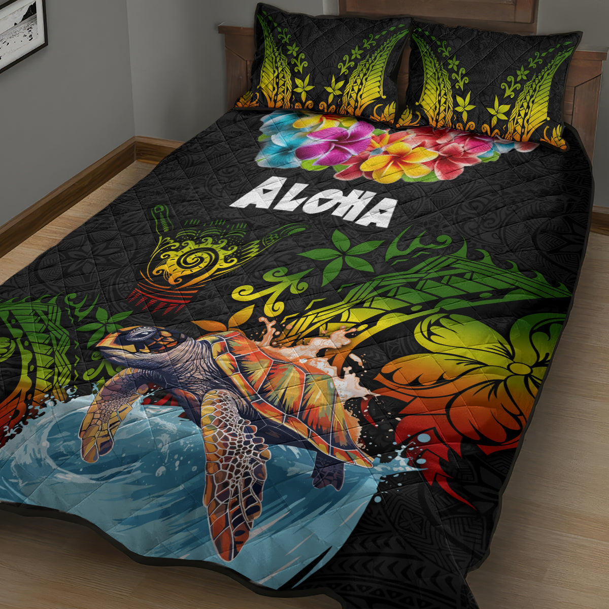Hawaii Lei Day Quilt Bed Set Hibiscus Wreath and Polynesian Pattern LT03 - Polynesian Pride