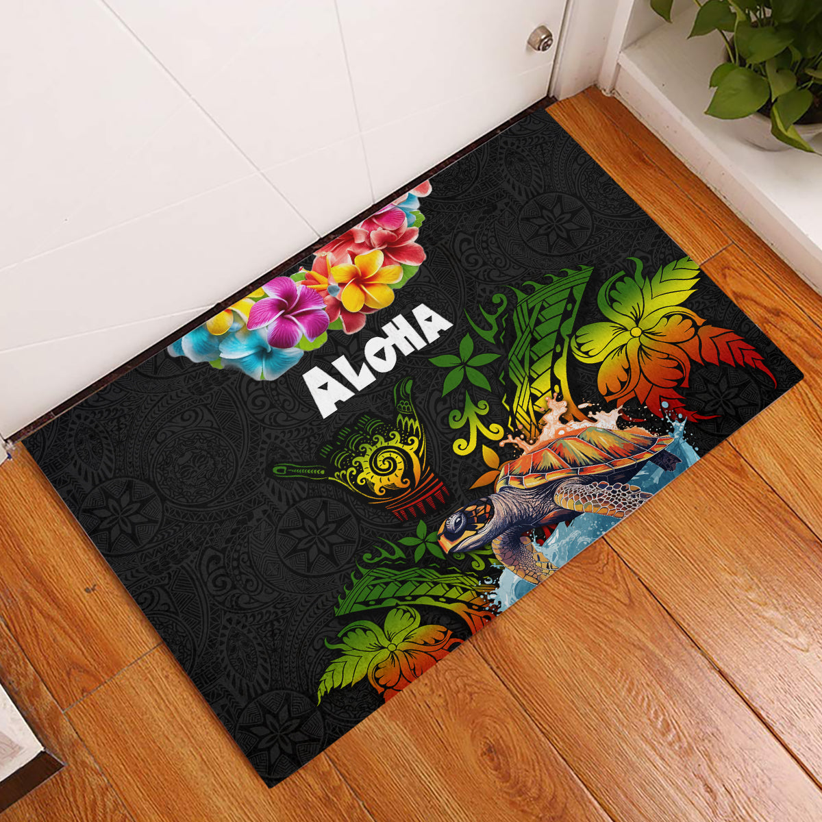 Hawaii Lei Day Rubber Doormat Hibiscus Wreath and Polynesian Pattern LT03 Black - Polynesian Pride