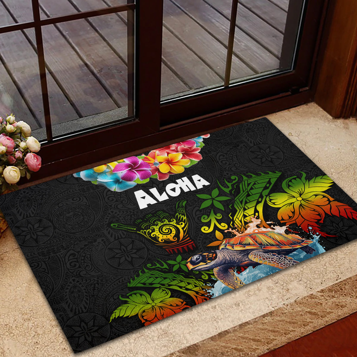 Hawaii Lei Day Rubber Doormat Hibiscus Wreath and Polynesian Pattern LT03 - Polynesian Pride