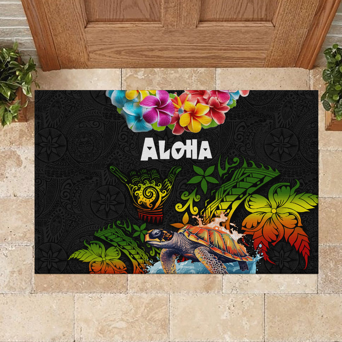 Hawaii Lei Day Rubber Doormat Hibiscus Wreath and Polynesian Pattern LT03 - Polynesian Pride