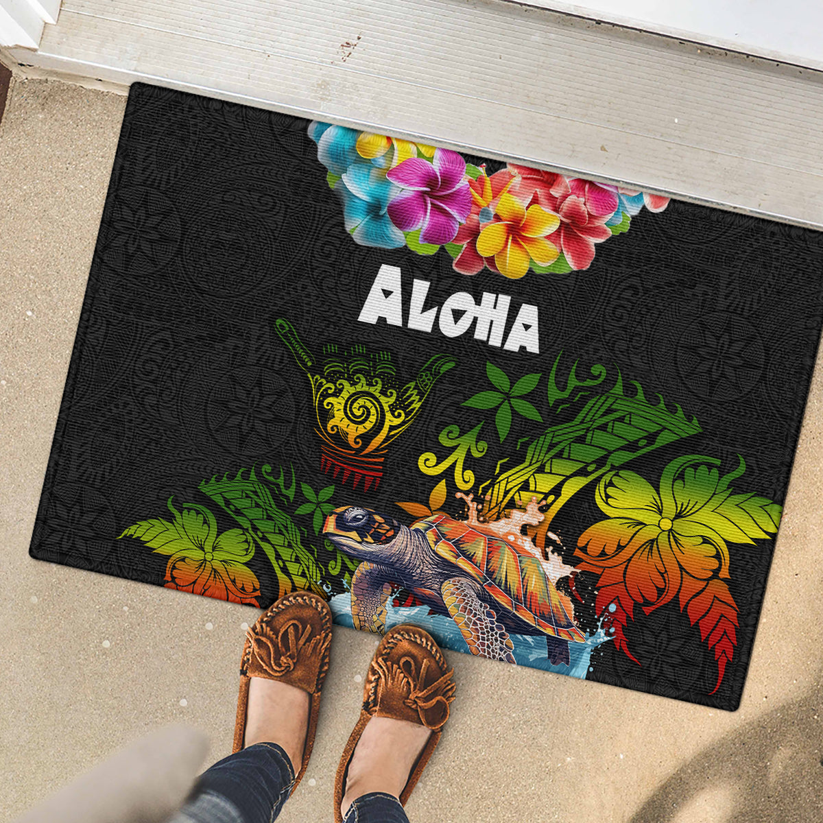 Hawaii Lei Day Rubber Doormat Hibiscus Wreath and Polynesian Pattern LT03 - Polynesian Pride