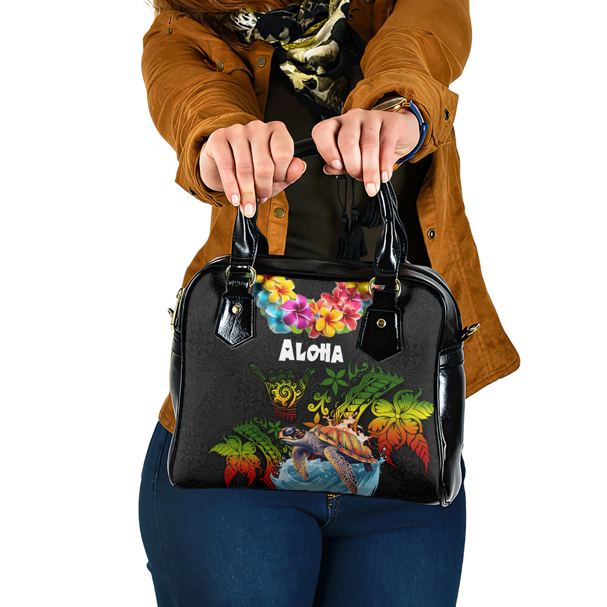 Hawaii Lei Day Shoulder Handbag Hibiscus Wreath and Polynesian Pattern LT03 One Size Black - Polynesian Pride