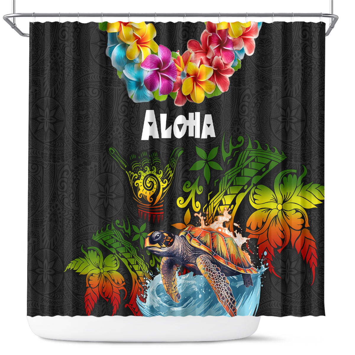 Hawaii Lei Day Shower Curtain Hibiscus Wreath and Polynesian Pattern