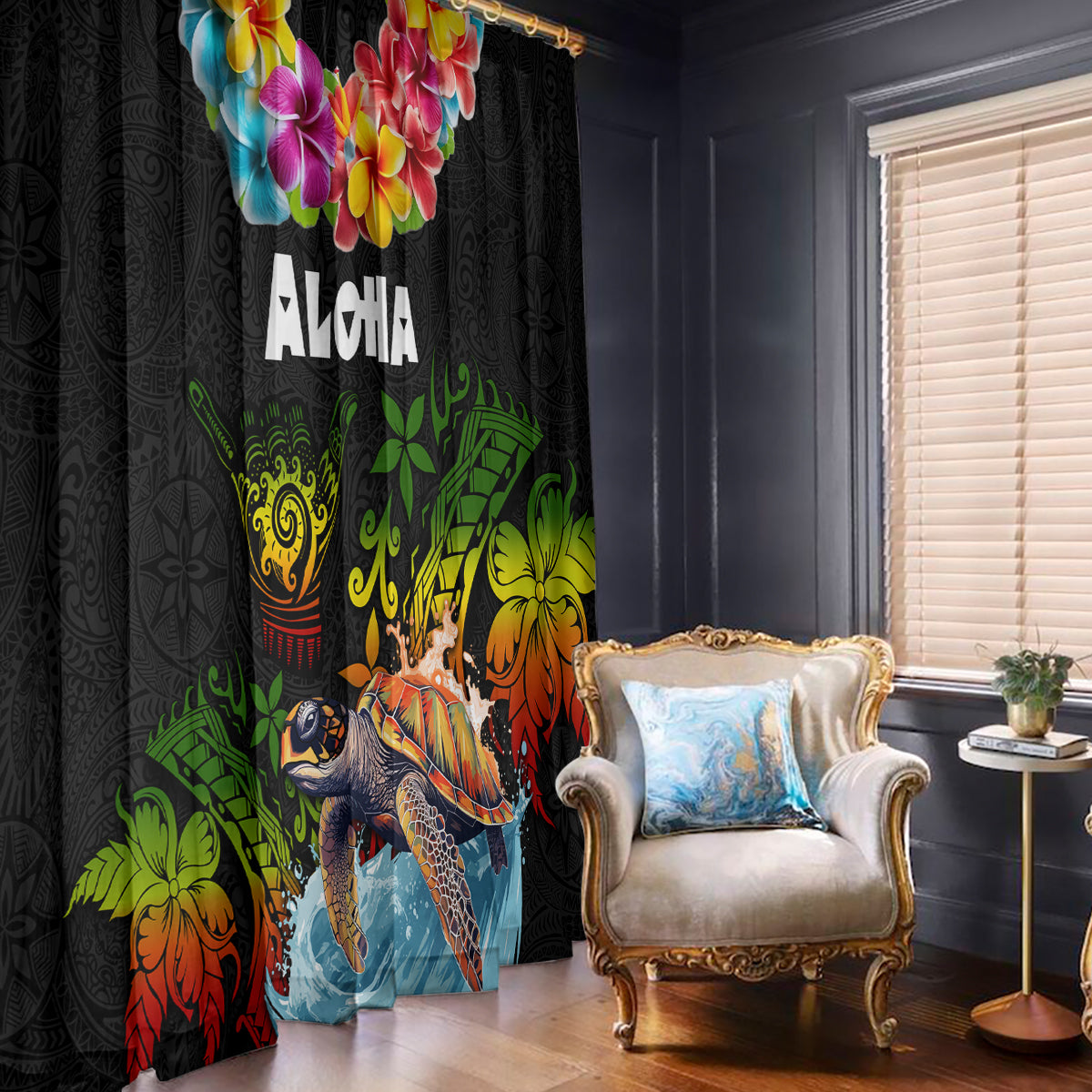 Hawaii Lei Day Window Curtain Hibiscus Wreath and Polynesian Pattern LT03 - Polynesian Pride