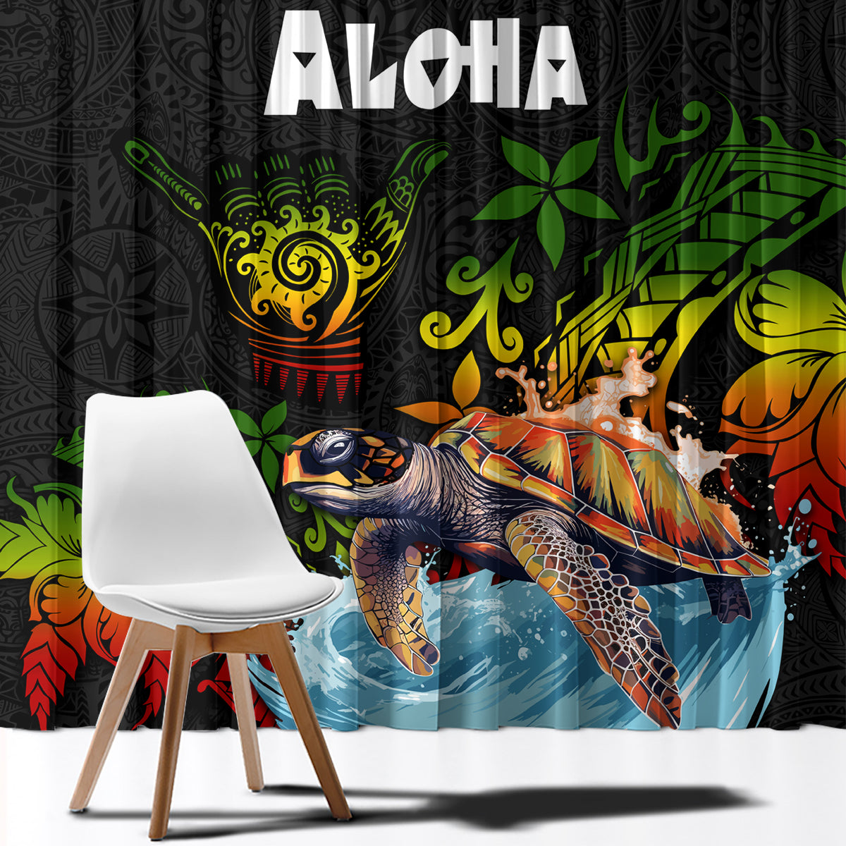 Hawaii Lei Day Window Curtain Hibiscus Wreath and Polynesian Pattern LT03 - Polynesian Pride