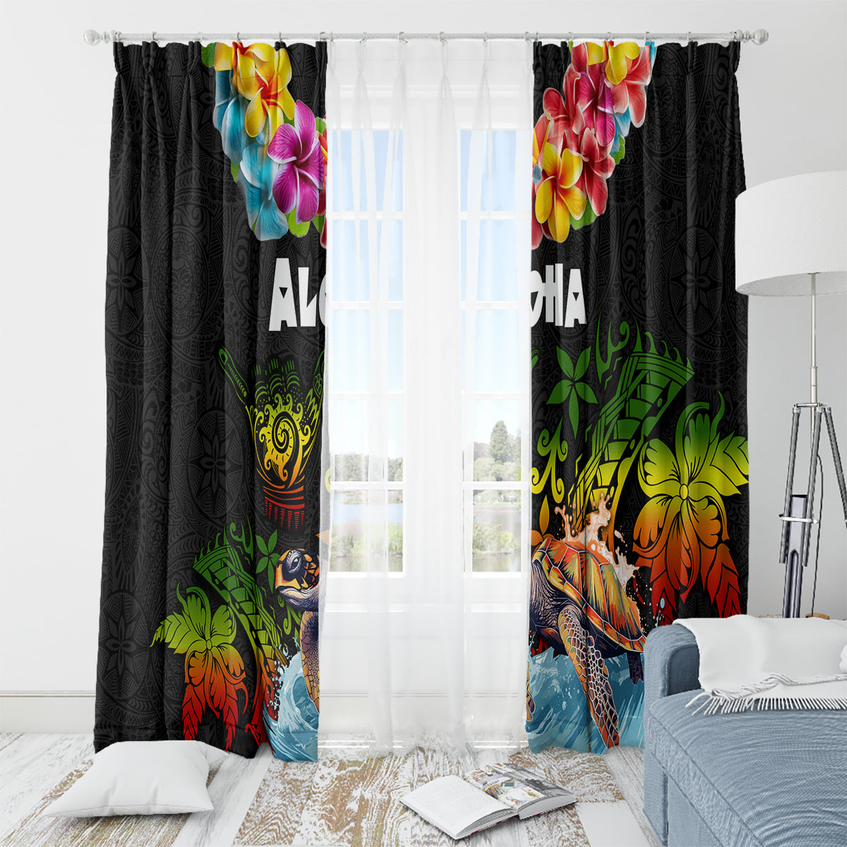 Hawaii Lei Day Window Curtain Hibiscus Wreath and Polynesian Pattern LT03 - Polynesian Pride