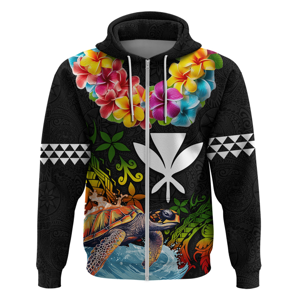 Hawaii Lei Day Zip Hoodie Hibiscus Wreath and Polynesian Pattern LT03 Zip Hoodie Black - Polynesian Pride