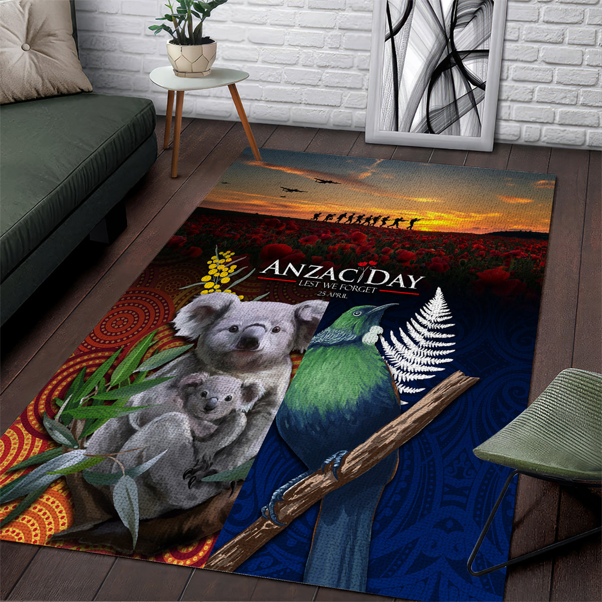 Australia and New Zealand ANZAC Day Area Rug Tui Bird and Koala mix Maori and Aboriginal Pattern LT03 Black - Polynesian Pride
