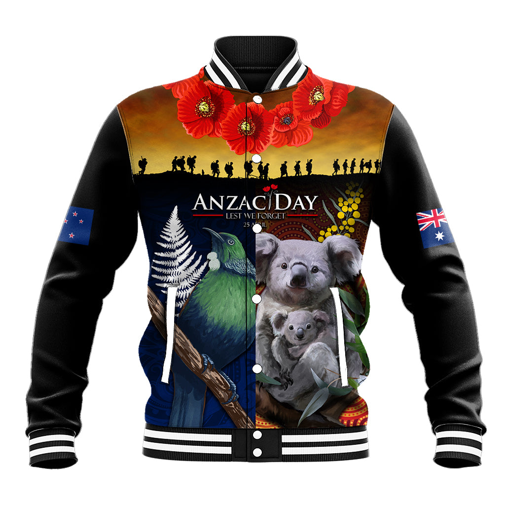 Australia and New Zealand ANZAC Day Baseball Jacket Tui Bird and Koala mix Maori and Aboriginal Pattern LT03 Unisex Black - Polynesian Pride
