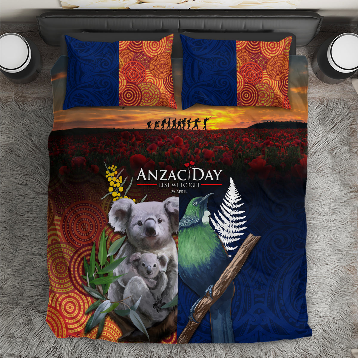 Australia and New Zealand ANZAC Day Bedding Set Tui Bird and Koala mix Maori and Aboriginal Pattern LT03 Black - Polynesian Pride