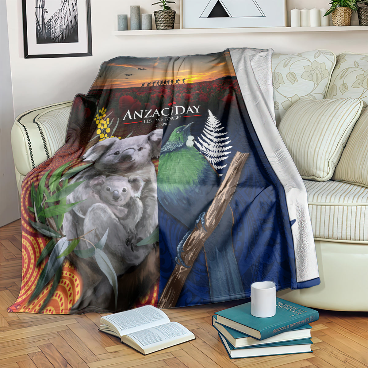 Australia and New Zealand ANZAC Day Blanket Tui Bird and Koala mix Maori and Aboriginal Pattern LT03 Black - Polynesian Pride