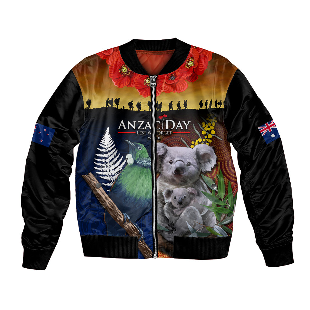 Australia and New Zealand ANZAC Day Bomber Jacket Tui Bird and Koala mix Maori and Aboriginal Pattern LT03 Unisex Black - Polynesian Pride