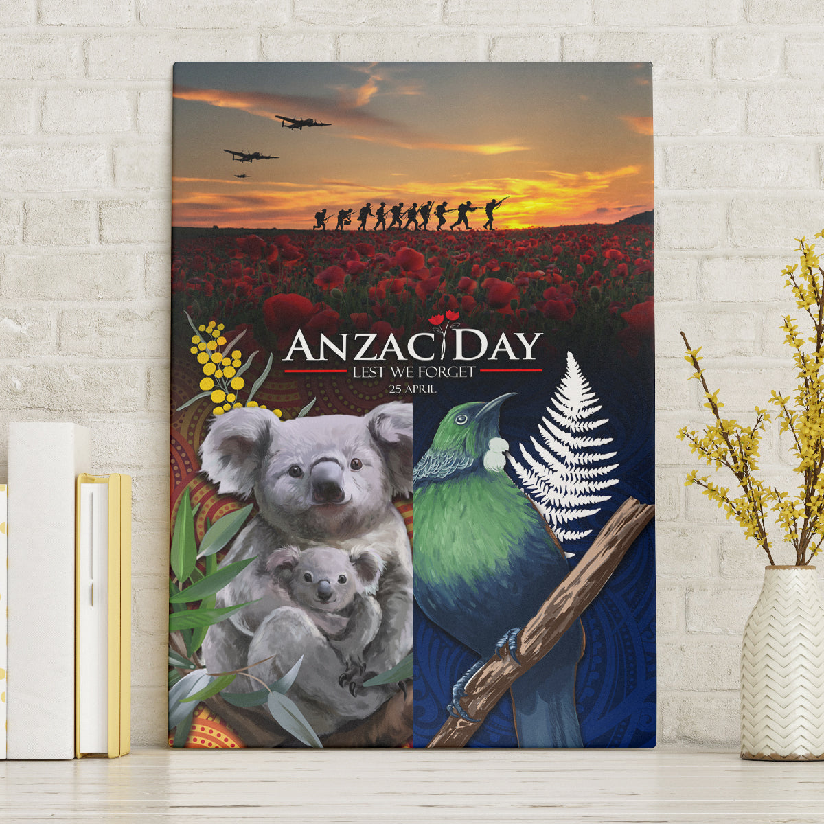 Australia and New Zealand ANZAC Day Canvas Wall Art Tui Bird and Koala mix Maori and Aboriginal Pattern LT03 Without Frame Black - Polynesian Pride