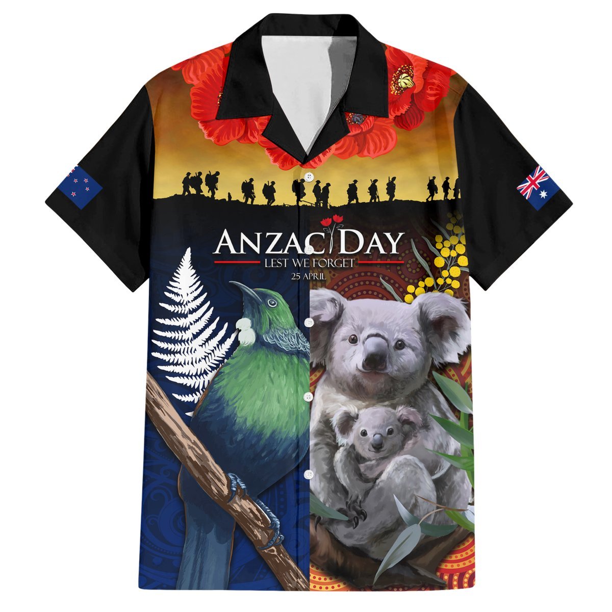 Australia and New Zealand ANZAC Day Hawaiian Shirt Tui Bird and Koala mix Maori and Aboriginal Pattern LT03 Black - Polynesian Pride