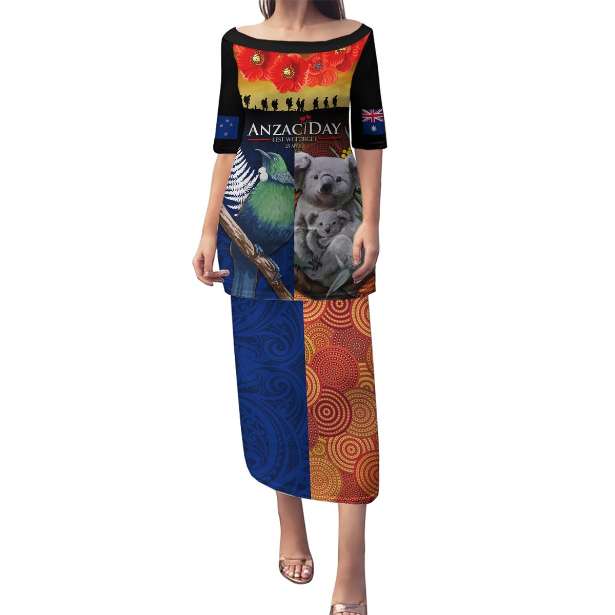 Australia and New Zealand ANZAC Day Puletasi Tui Bird and Koala mix Maori and Aboriginal Pattern LT03 Long Dress Black - Polynesian Pride