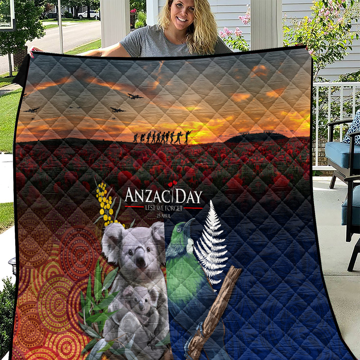 Australia and New Zealand ANZAC Day Quilt Tui Bird and Koala mix Maori and Aboriginal Pattern LT03 Black - Polynesian Pride