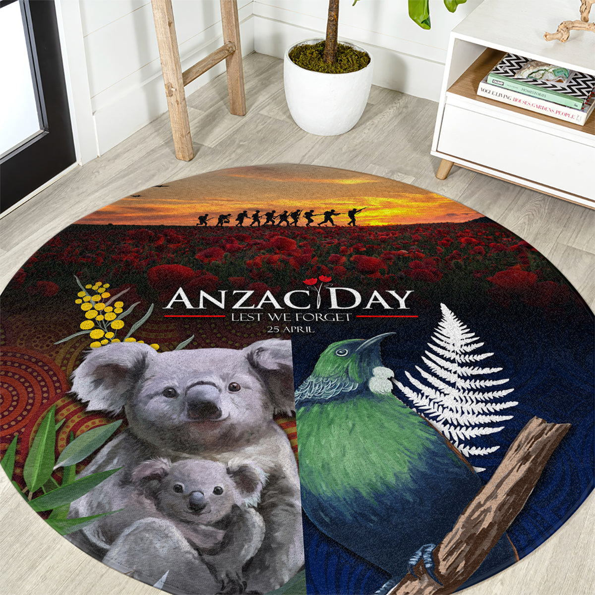 Australia and New Zealand ANZAC Day Round Carpet Tui Bird and Koala mix Maori and Aboriginal Pattern LT03 Black - Polynesian Pride