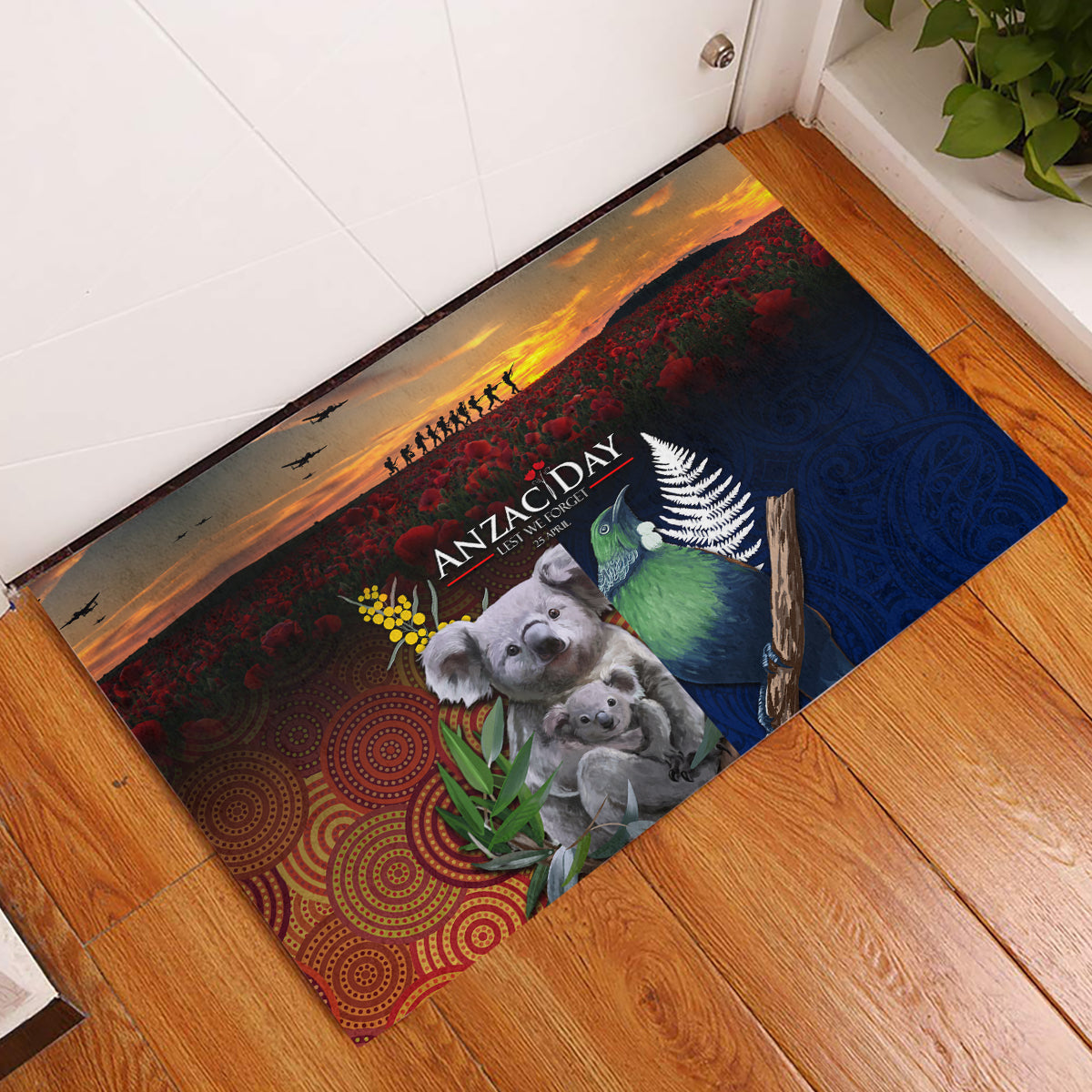 Australia and New Zealand ANZAC Day Rubber Doormat Tui Bird and Koala mix Maori and Aboriginal Pattern LT03 Black - Polynesian Pride