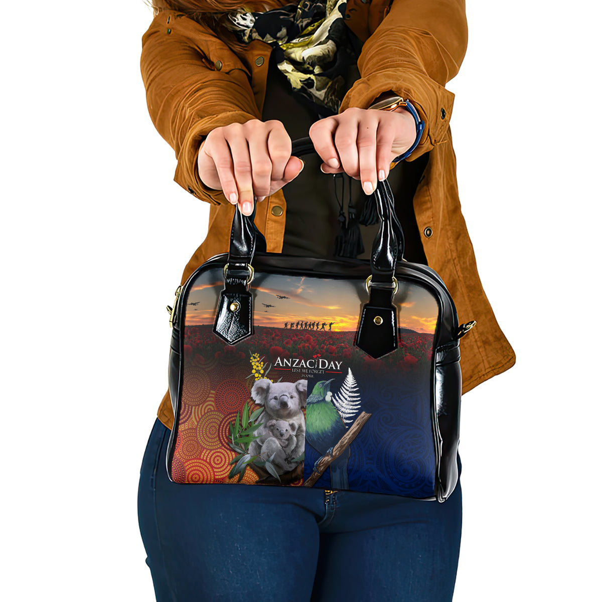 Australia and New Zealand ANZAC Day Shoulder Handbag Tui Bird and Koala mix Maori and Aboriginal Pattern LT03 One Size Black - Polynesian Pride