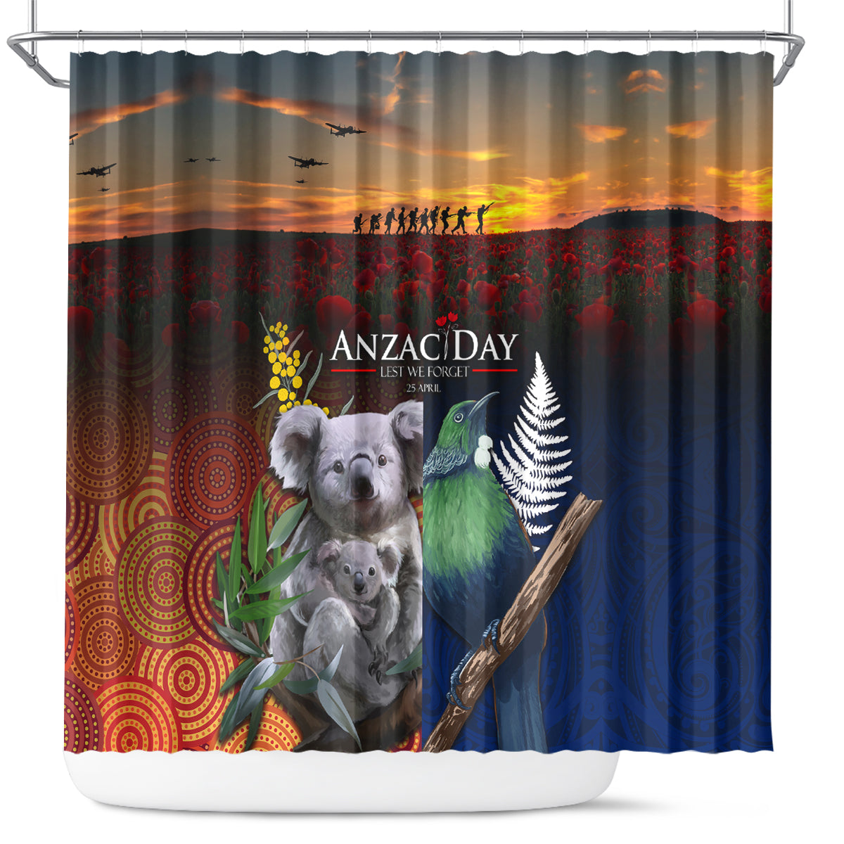 Australia and New Zealand ANZAC Day Shower Curtain Tui Bird and Koala mix Maori and Aboriginal Pattern LT03 Black - Polynesian Pride