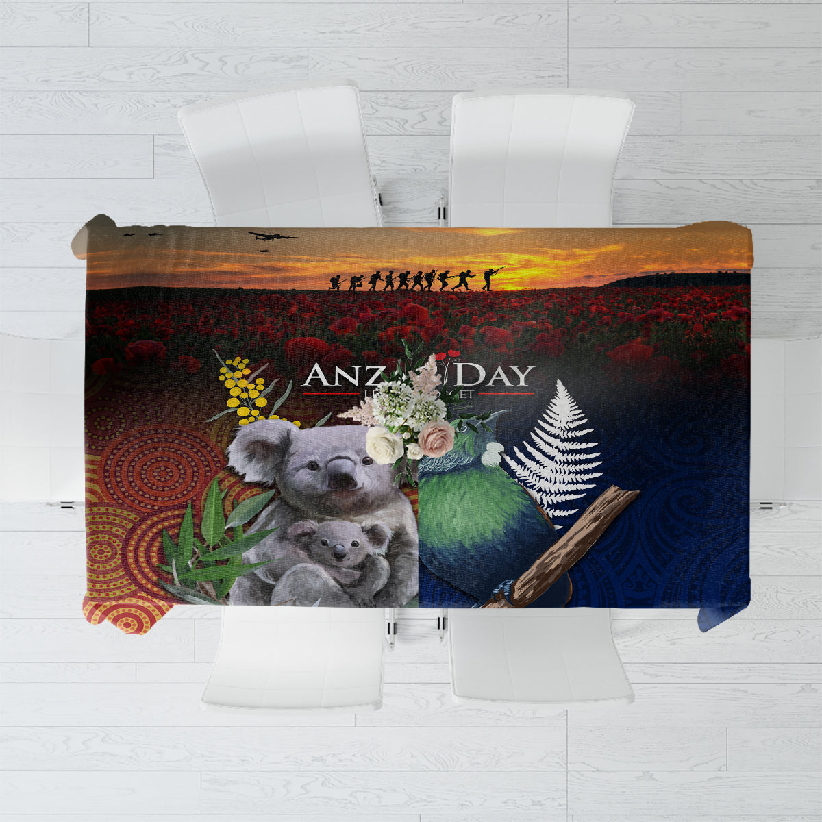 Australia and New Zealand ANZAC Day Tablecloth Tui Bird and Koala mix Maori and Aboriginal Pattern LT03 Black - Polynesian Pride