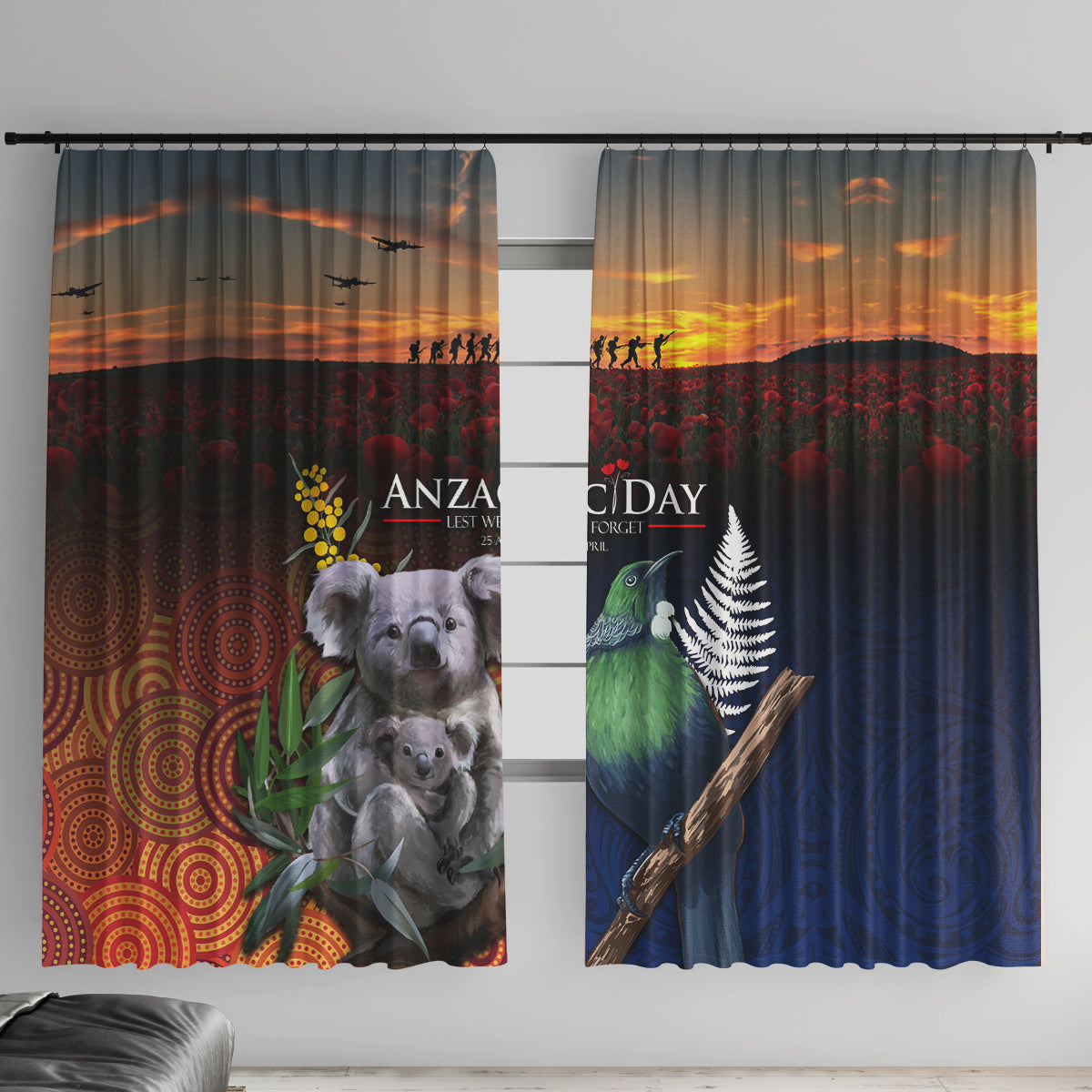 Australia and New Zealand ANZAC Day Window Curtain Tui Bird and Koala mix Maori and Aboriginal Pattern LT03 With Hooks Black - Polynesian Pride