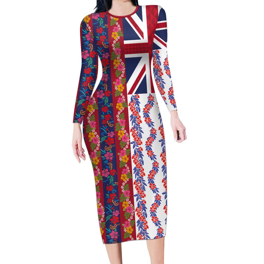 Hawaiian Lei Long Sleeve Bodycon Dress National Flag Striped Style LT03 Long Dress Red - Polynesian Pride