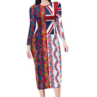 Hawaiian Lei Long Sleeve Bodycon Dress National Flag Striped Style LT03 Long Dress Red - Polynesian Pride