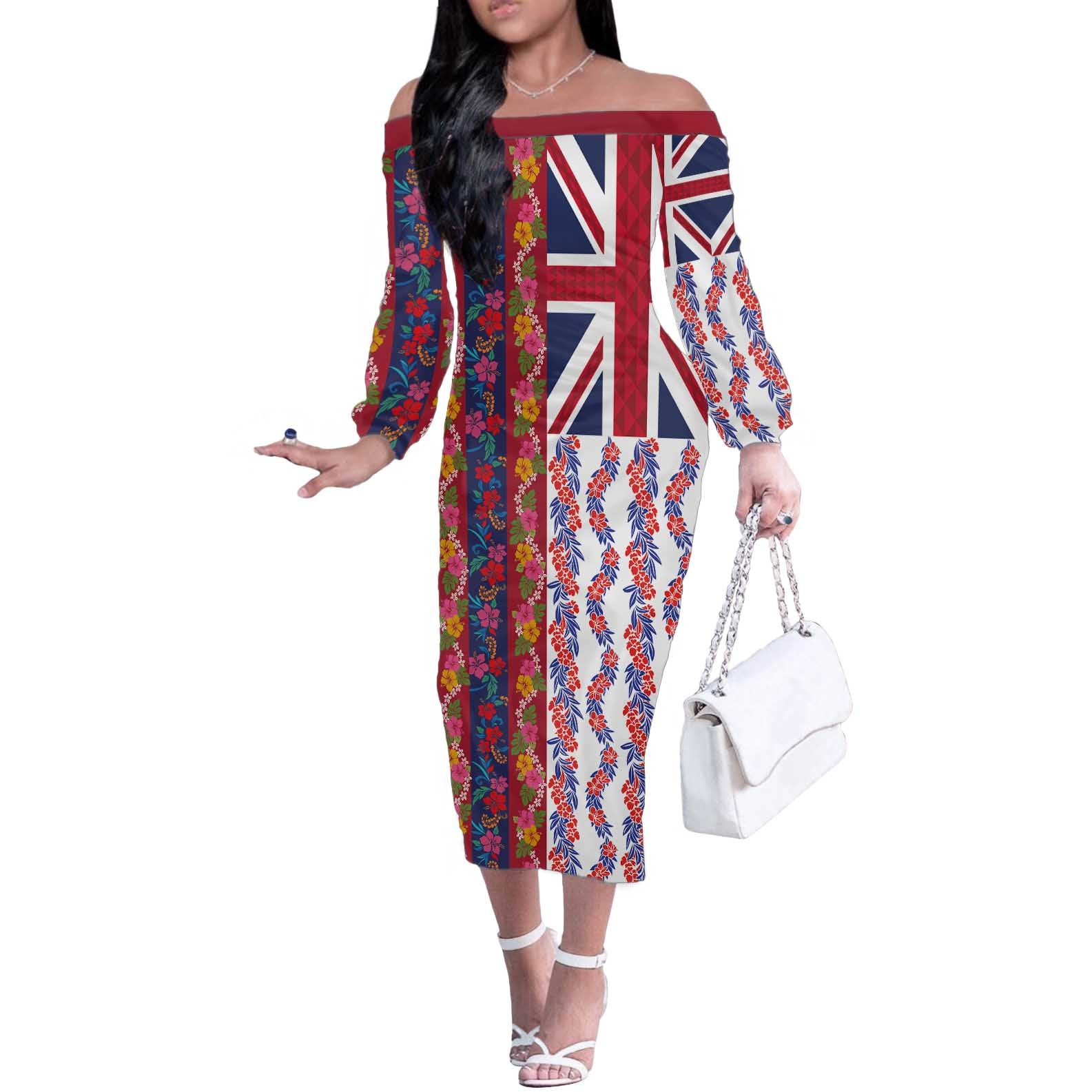 Hawaiian Lei Off The Shoulder Long Sleeve Dress National Flag Striped Style