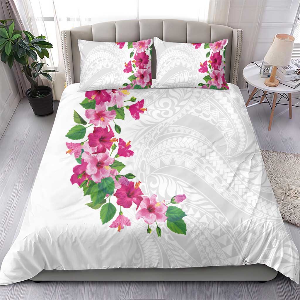 Hawaiian Hibiscus and Art Polynesian Tattoo Bedding Set White Color LT03 - Polynesian Pride