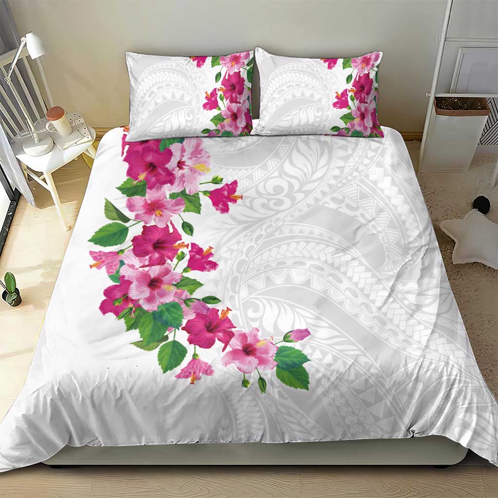 Hawaiian Hibiscus and Art Polynesian Tattoo Bedding Set White Color LT03 - Polynesian Pride
