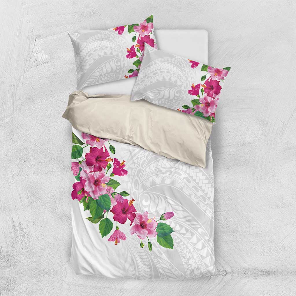 Hawaiian Hibiscus and Art Polynesian Tattoo Bedding Set White Color LT03 US Twin 172cm x 218cm White - Polynesian Pride