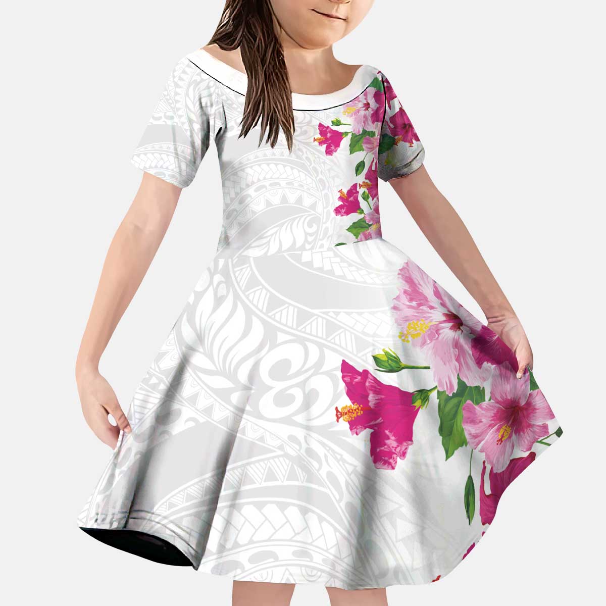 Hawaiian Hibiscus and Art Polynesian Tattoo Kid Short Sleeve Dress White Color LT03 KID White - Polynesian Pride