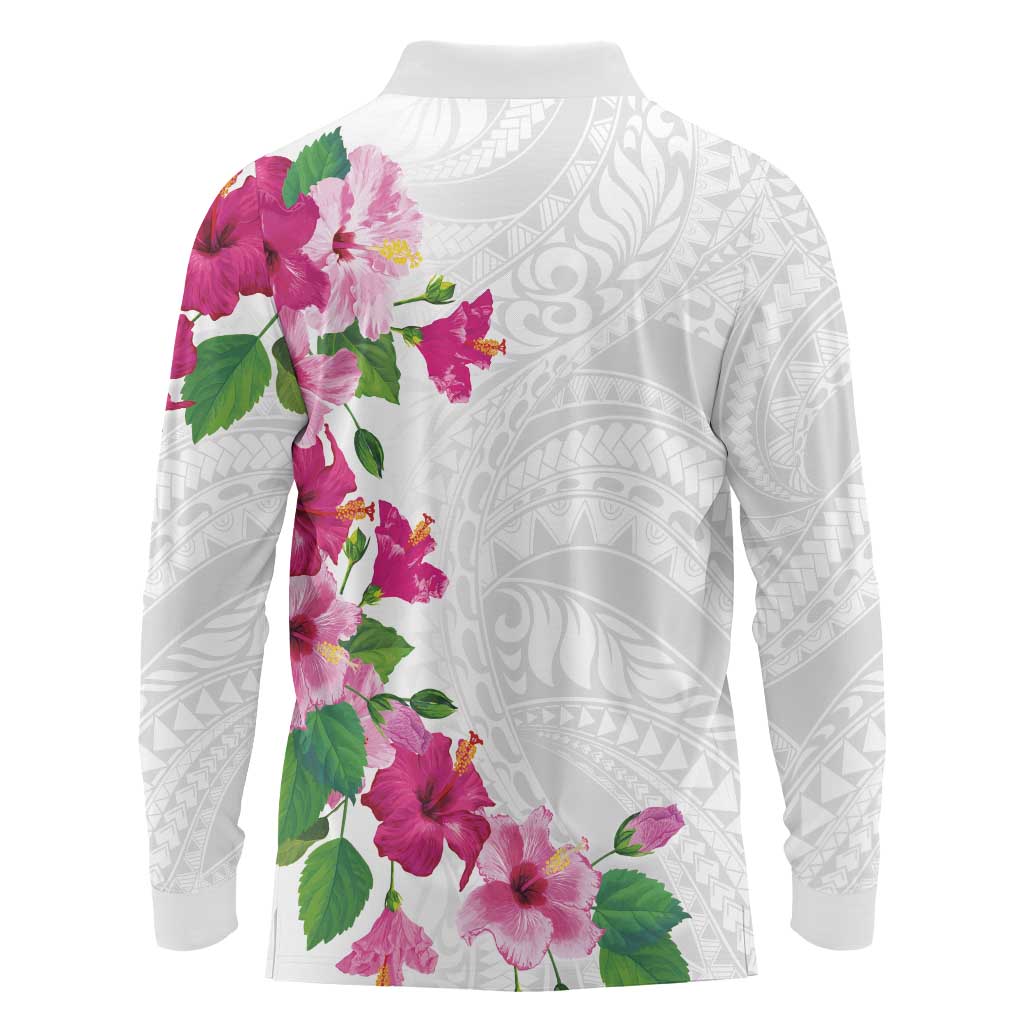 Hawaiian Hibiscus and Art Polynesian Tattoo Long Sleeve Polo Shirt White Color LT03 - Polynesian Pride