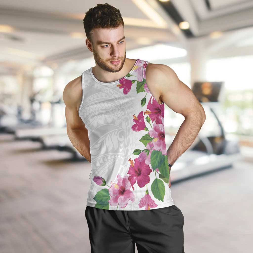 Hawaiian Hibiscus and Art Polynesian Tattoo Men Tank Top White Color