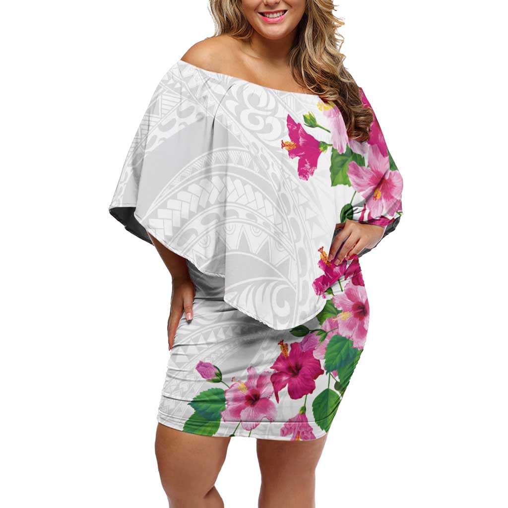 Hawaiian Hibiscus and Art Polynesian Tattoo Off Shoulder Short Dress White Color