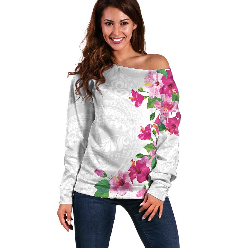 Hawaiian Hibiscus and Art Polynesian Tattoo Off Shoulder Sweater White Color LT03 Women White - Polynesian Pride